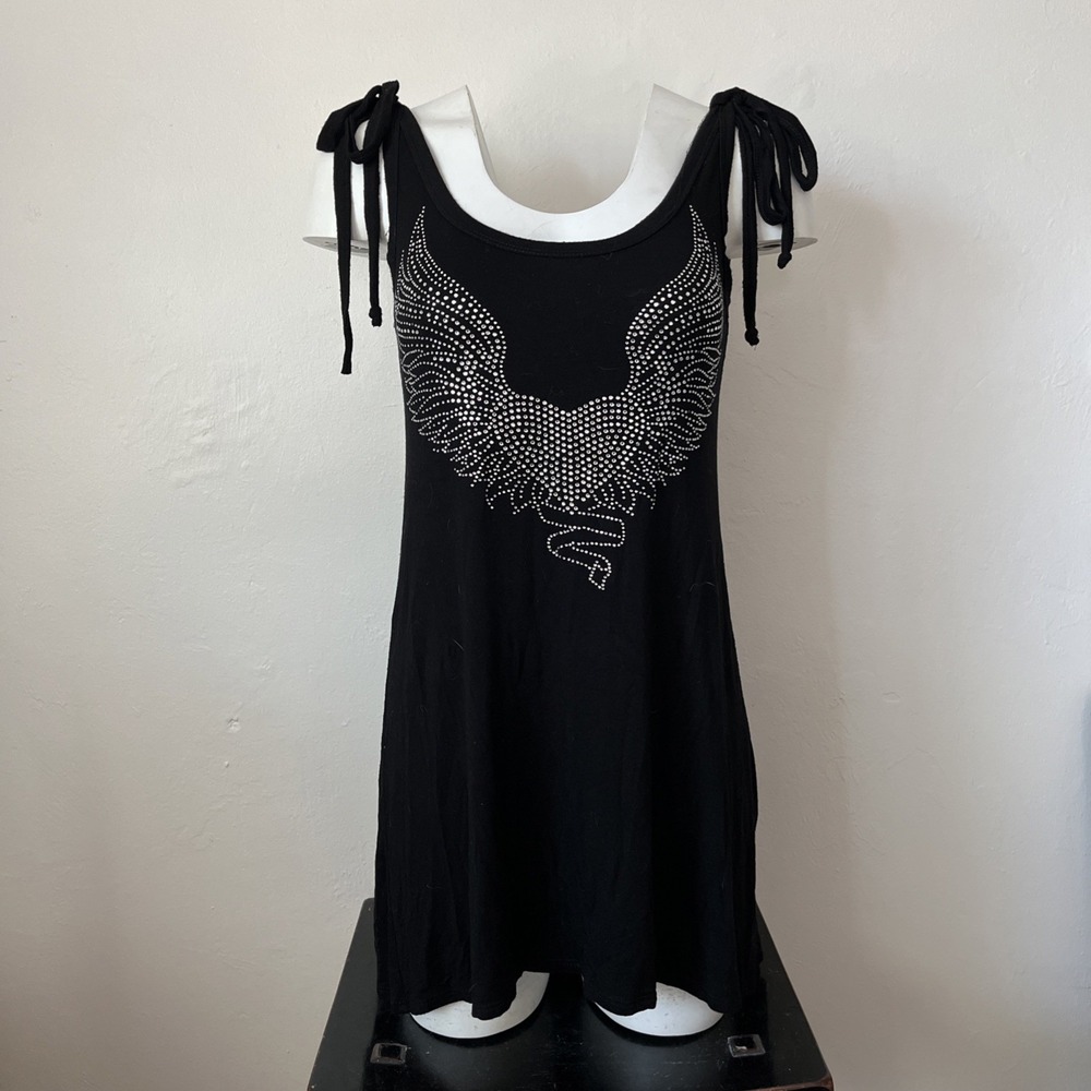 S Twelve Sleeveless Short Dress Womens M Black Angel Wings Jeweled Front & Back